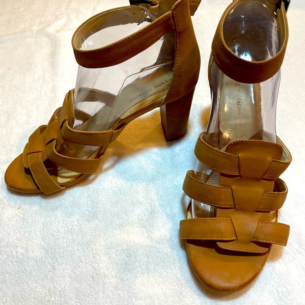 Adrienne Vittadini Leather Stacked Heel Sandals